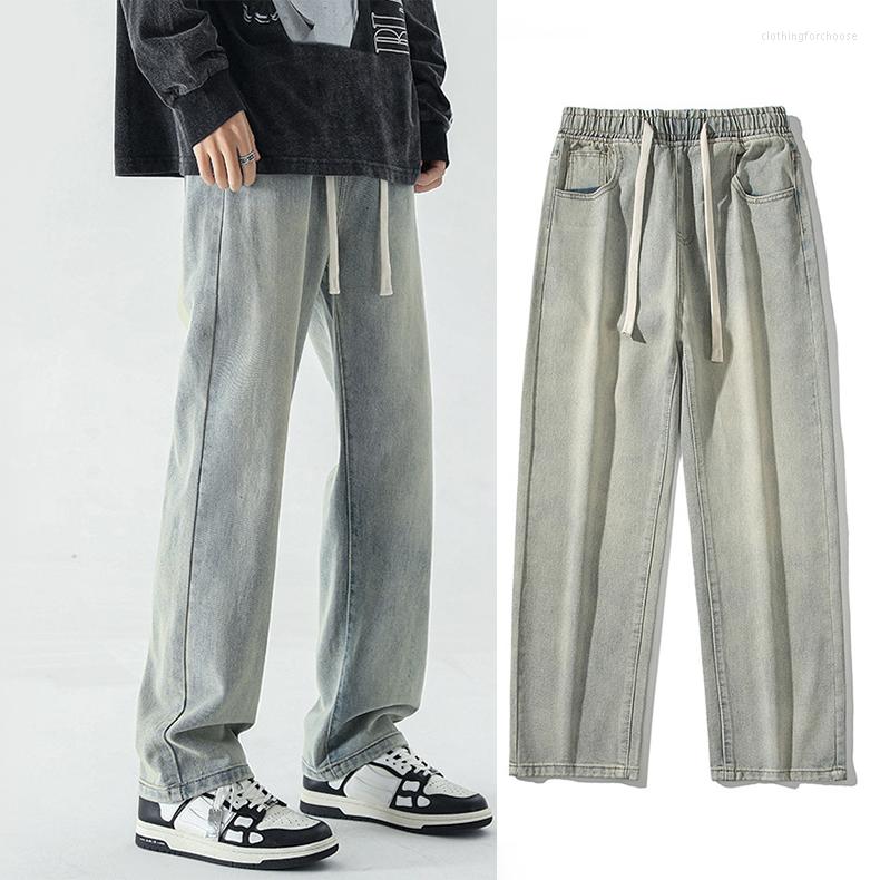 

Men's Jeans Drawstring Baggy For Men Casual Straight Cargo Pants Korean Streetwear Hip Hop Loose Wide Leg Denim Trousers Y2k Clothes, Black