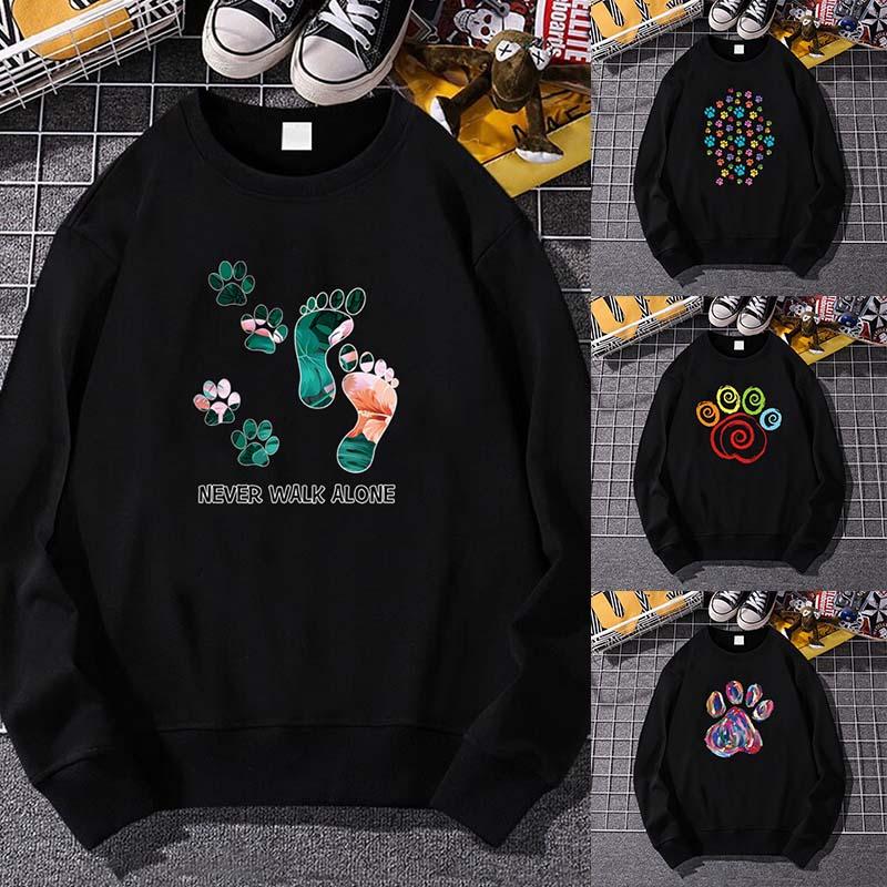 

Men' Hoodies & Sweatshirts Sweashirt Men Women Couple Spring Autumn Black Footprints Print Pullovers Long Sleeve Tops O-neck Casual Streetw