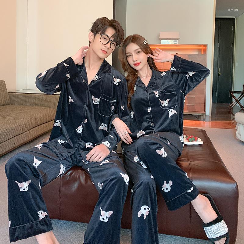 

Women's Sleepwear Winter Cute Dog Printed Velvet Couple Women Men Long Sleeve Shirt Pants Homewear Ladies Velour Night Pyjamas Set, Black