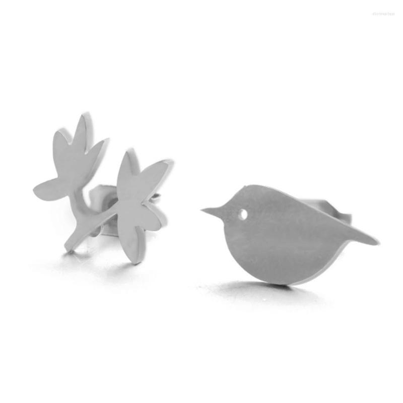 

Stud Earrings Small Asymmetrical Sparrow Bird Dove Olive Tree Branch Leaf Cartilage Piercing Unusual Stainless Steel Ear Studs