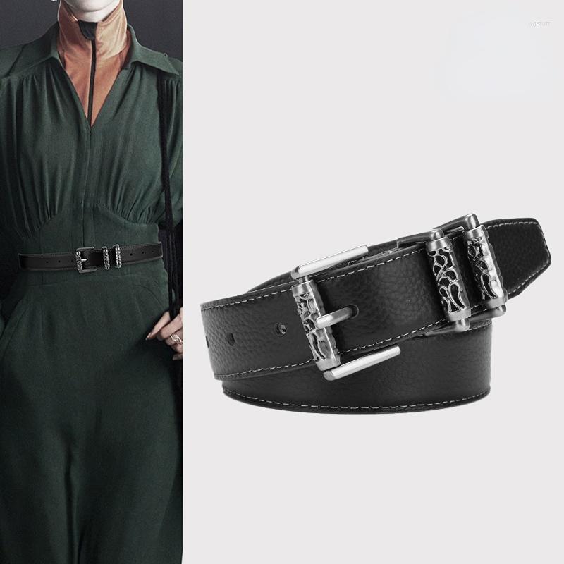 

Belts Cowhidetoplayerwomen's Beltvintage Silverbuttoncasual Pantsshirt Decorative BeltfashionablesimpleversatileLuxurydesigner Belt, Black