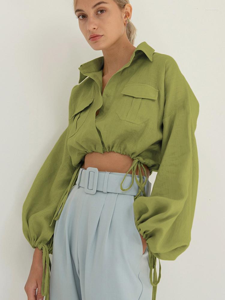 

Women' Blouses Solid Cotton Linen Women Shirts Fashion Lantern Sleeve Drawstring Crop Tops Turn-down Collar Casual Streetwear Ladies, Green