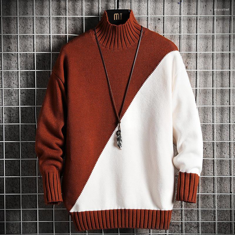 

Men's Sweaters Mens Sweater Color Block Turtle Neck High Loose Winter Warm Knit Tops Clothing Plus Size, Brown