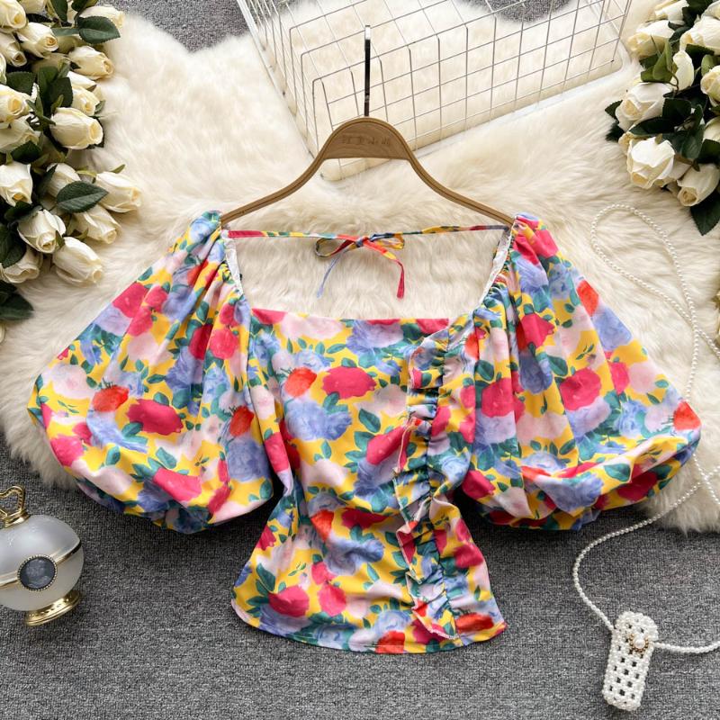 

Women's Blouses & Shirts Chiffon 2023 Vintage Bandage Design Sense Broken Flower Bubble Short Sleeve Square Neck Off Shoulder Women'sWom, Green