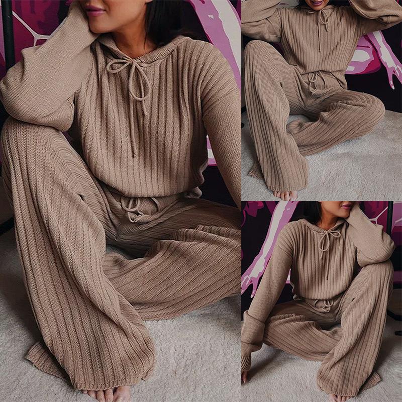 

Women's Two Piece Pants Women Knitted Sweater Suits Pieces Sets Autumn Tie Collar Long Sleeve Loose Knit Tops And High Waist Wide Leg Pant, Gray