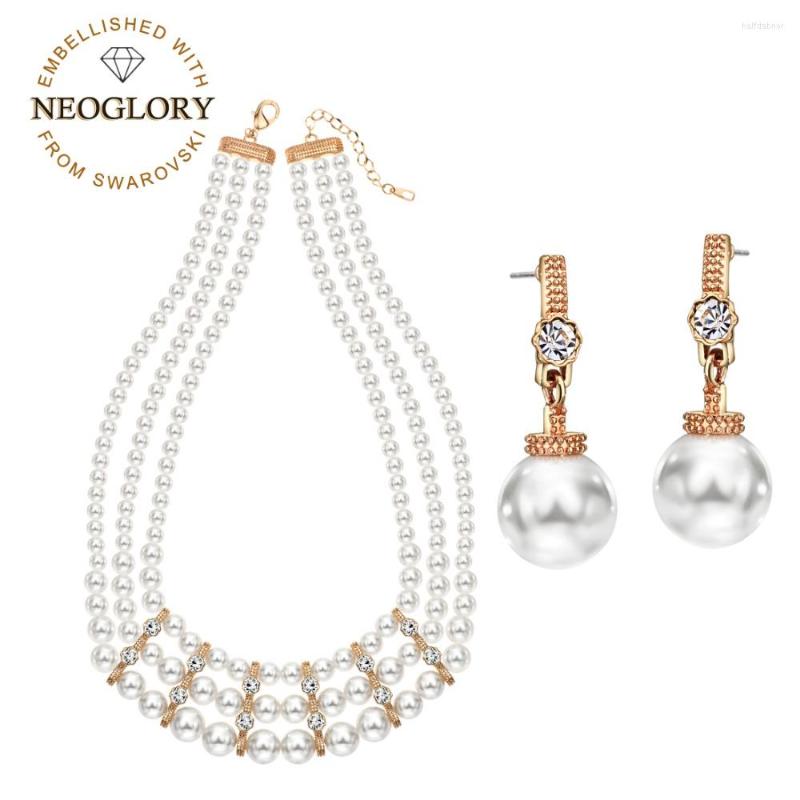 

Necklace Earrings Set Neoglory Rhinestone & Simulated Pearl Jewelry Rose Gold Color White Luxuriant Style Lady Gift, Picture shown