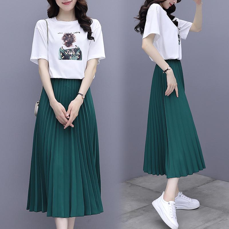 

Work Dresses Summer Skirt Suit Women Cotton Short Sleeve Dress Pleated Long T-shirt Pullover Tops Fashion 2 Piece Sets 2023, Green