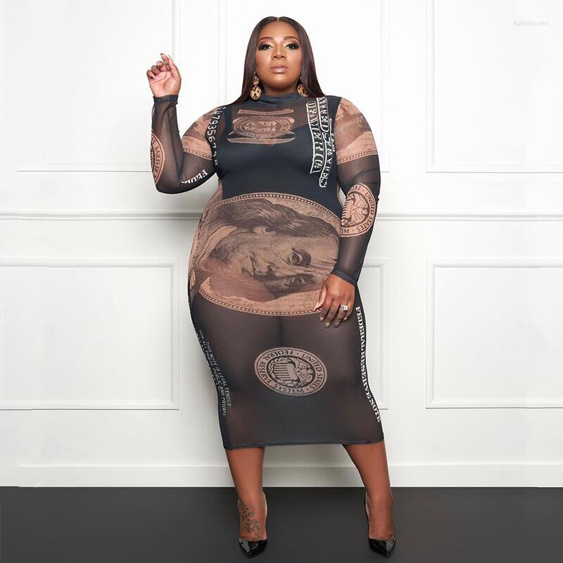 

Plus Size Dresses Clothing For Women Long Sleeve Bodycon Club Outfit Sexy Transparent Mesh Dress Elegant Wholesale Drop, Black