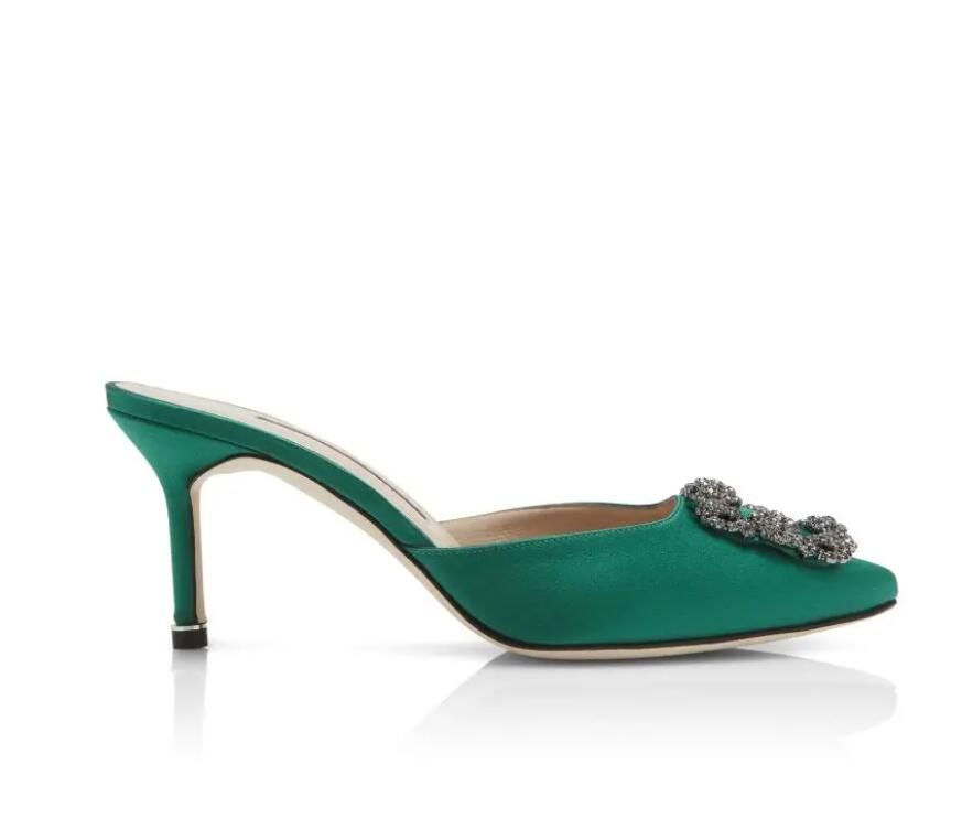 

23S New Women SANDAL pump dress shoes high heels black MANOLOS-BLAHNIKS Low heel HANGISIMU Satin Jewel Buckle Mules Slide white sandals shoe pointy toe