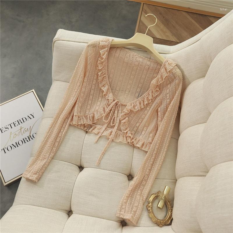 

Women's Blouses Lace Lightweight Knitted Women Cardigan Shirts Summer Sweet Style Solid Bandage Short Empired Female Outwear Coats Tops, Pink