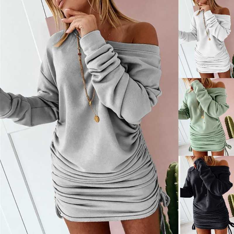 

Casual Dresses Off Shoulder Ruffled Drawstring Sexy Robe Autumn Pure Women Long Sleeve Mini Pencil Dress Sweatshirt Streetwear Dresses Female Z0216, Black