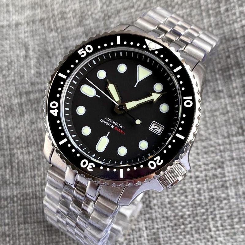 

Wristwatches Tandorio NH35A 20Bar 41mm Automatic Men's Watch Black/Blue/Green Dial Luminous Sapphire Glass Date Rotating Bezel Steel, Black logo dial