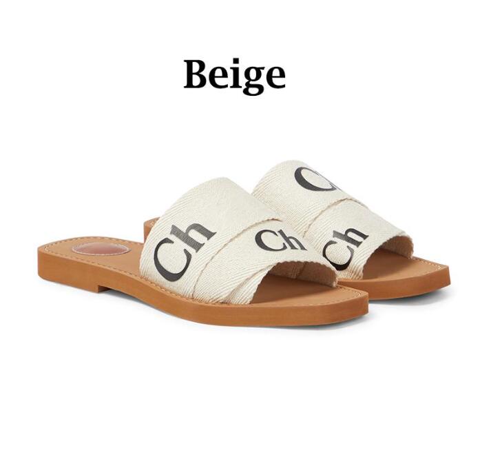 

designer Woody sandals for women Mules flat slides Light tan beige white black pink lace Lettering Fabric canvas slippers womens summer outdoor shoes box