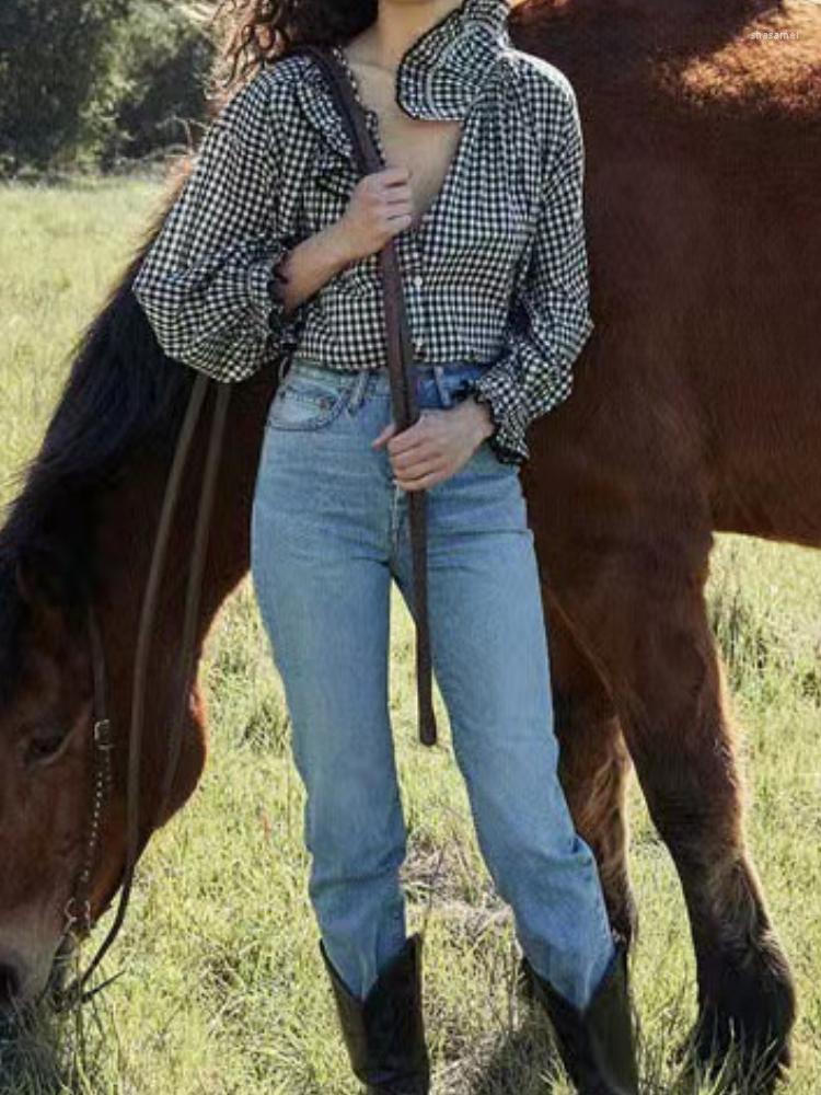 

Women' Blouses Women Shirt 2023 Spring And Autumn Plaid Lotus Leaf Lapel Casual Long-sleeved Loose