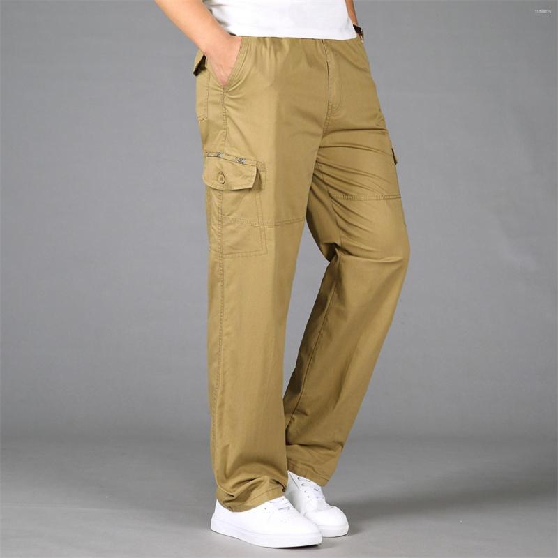 

Men's Pants Mens Loose Cotton Pocket Solid Elastic Waist Overall 9 10, Khaki