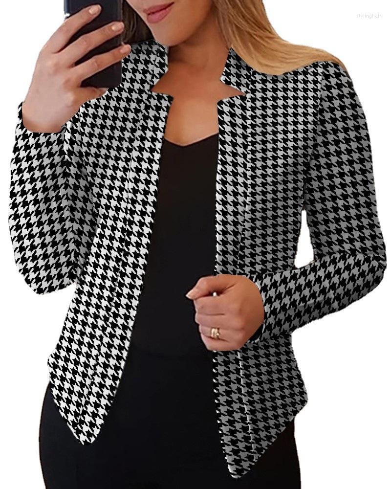 

Women' Suits Blazer Women Fashion Plaid Printed Slim Fit Stand Collar Casual Small For Women' Suit, Black