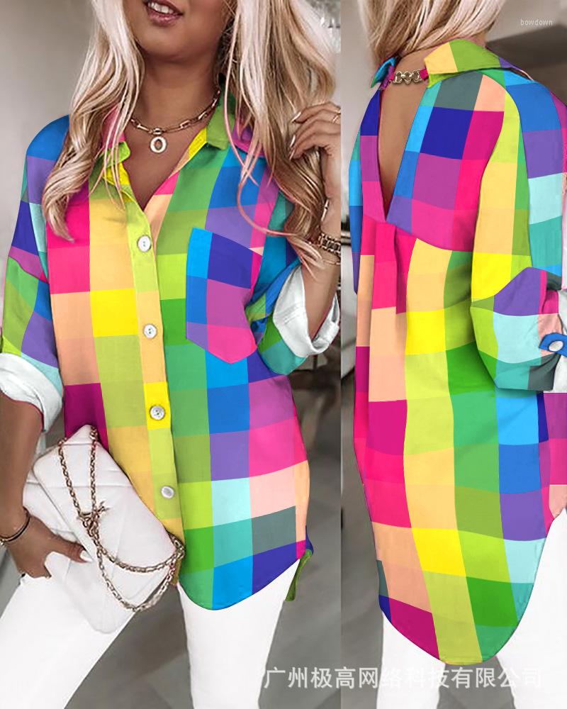 

Women' Blouses Colorful Plaid Chain Link V-Back Buttoned Casual Shirt Women Spring Summer Fashion Shirts Blouse Top, Multicolor