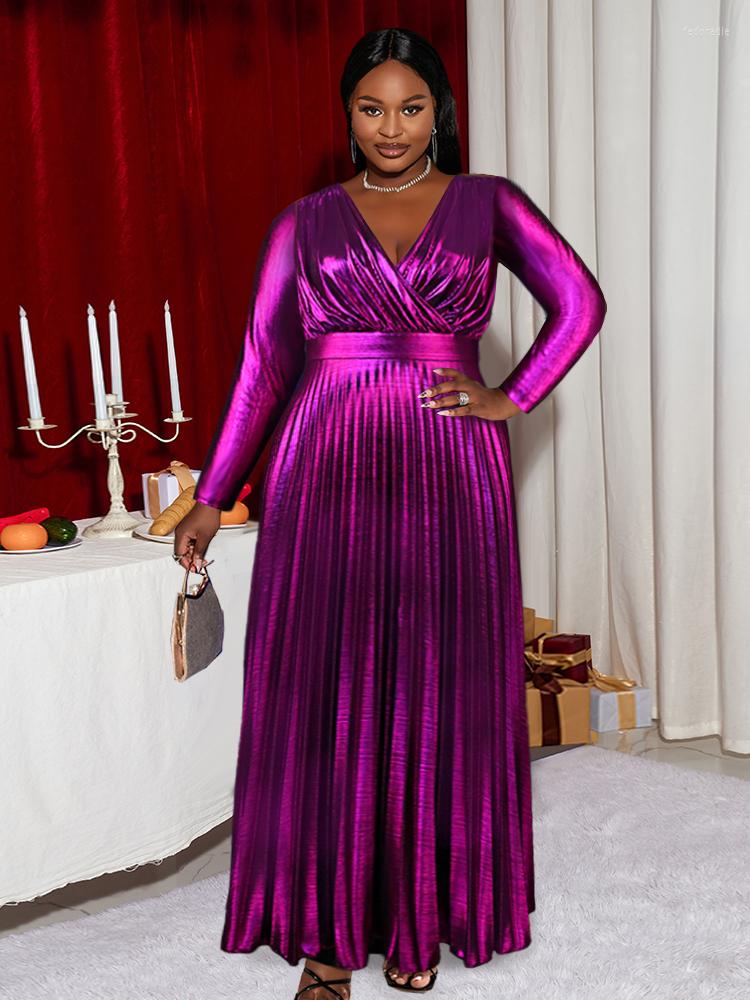 

Plus Size Dresses Giltter Evening Dress Women 2023 Elegant Long Sleeve Pleated Robe Luxury Shimmer Backless Fit Flare Prom Party Vestido, Gold
