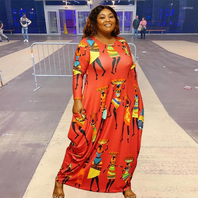 

Plus Size Dresses African For Women Printed Dress Long Sleeve Fashion 2023 Ladies Casual Loose Wholesale Drop, Red