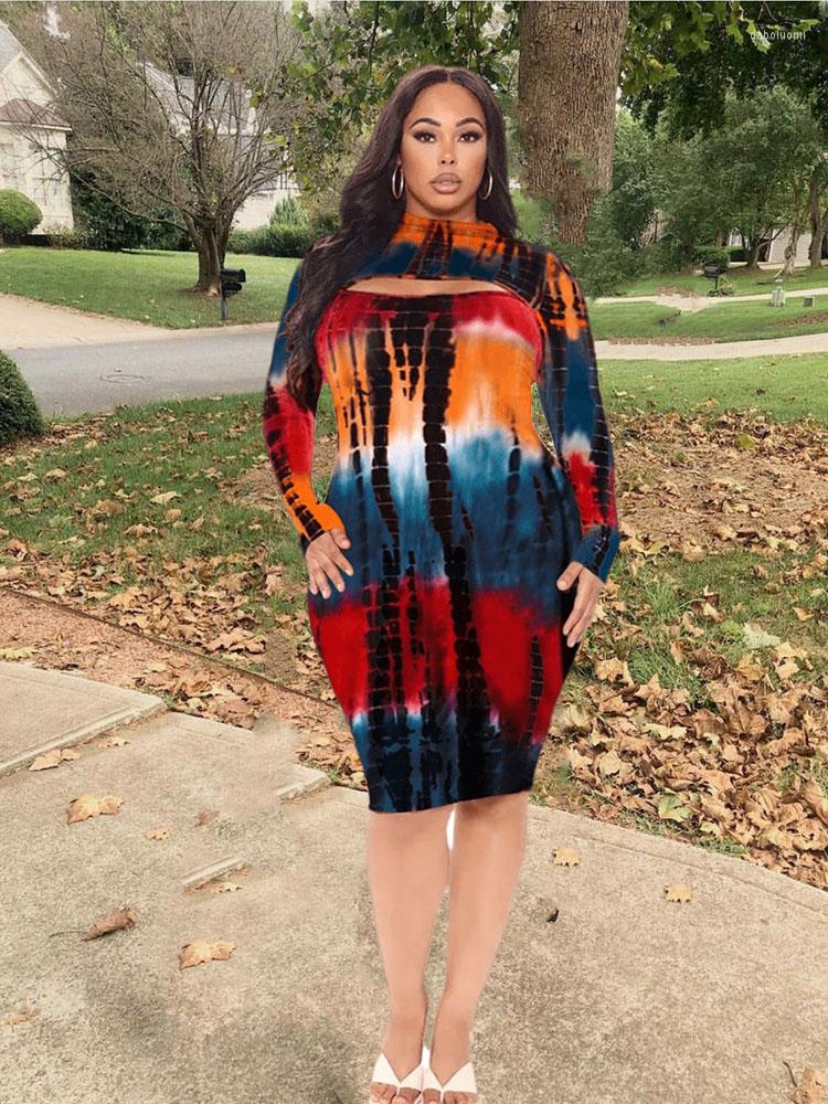 

Plus Size Dresses Women Clothing Long Sleeve Short Dress Bodycon Hollow Out Sexy Tie And Dye Wholesale Bulk Drop, Blue