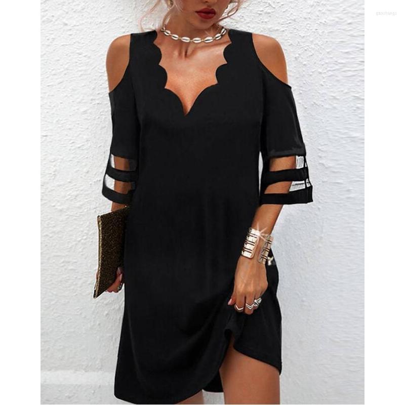 

Casual Dresses Summer Women Contrast Mesh Scallop Trim Cold Shoulder Dress Fashion Femme Half Sleeve Solid Mini V-Neck Outfits Rob, Black