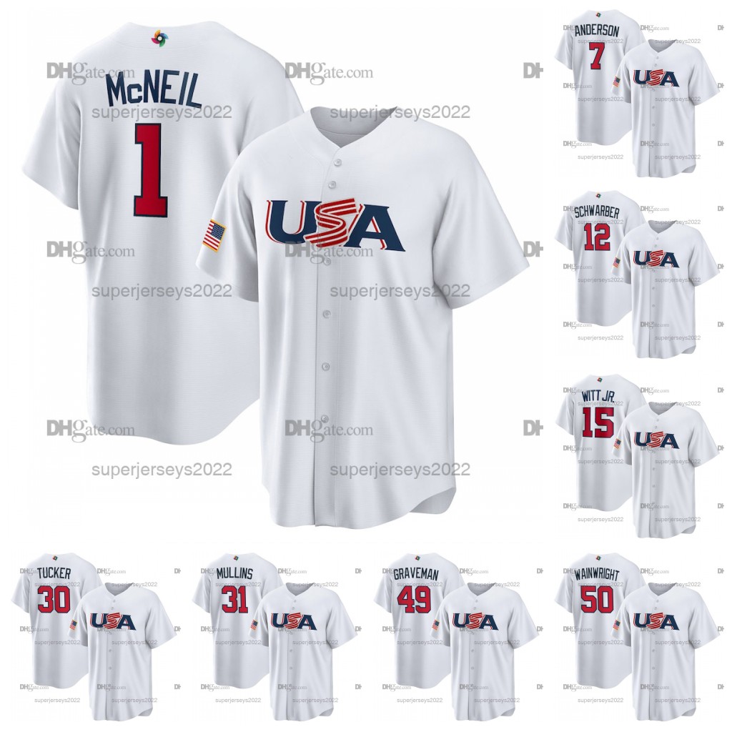 

Baseball Jerseys 1 Jeff McNeil 2023 USA WBC World Baseball Classic Jersey 15 Bobby Witt JR. Cedric Mullins Kyle Schwarber Adam Wainwright Tim Anderson Nolan, 12 kyle schwarber