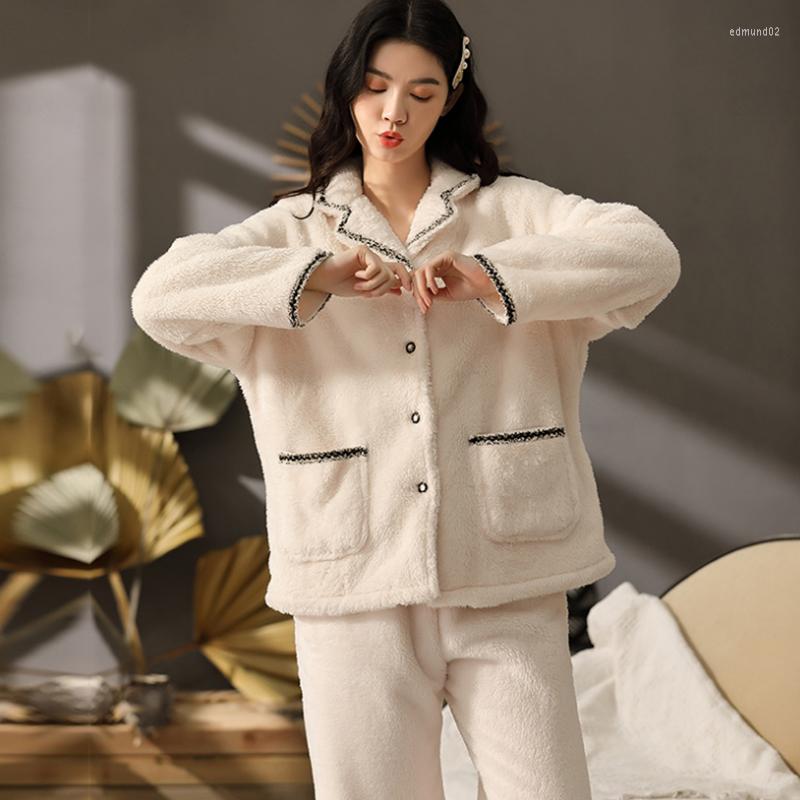 

Women's Sleepwear 2023 Autumn Winter Warm Flannel Women Pajamas Sets Thick Coral Velvet Long Sleeve Cartoon Pyjamas Set For Girl, Apricot