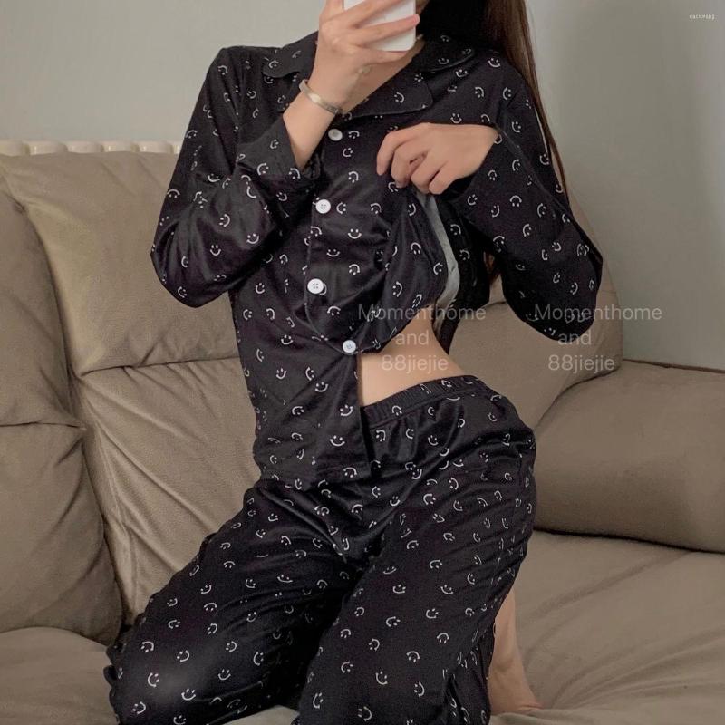 

Women's Sleepwear Pajamas Set For Women Cotton Casual Home Clothe Autumn Winter Nightwear Suit Full Sleeve Long Pant Smile Girl Homewear, Black