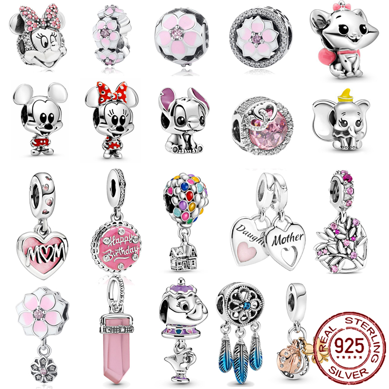 925 Sterling Silver New Fashion Women Pendant, Pink Heart-shaped Beads, Flowers, Balloons,Love, Compatible with The Original Pandora Bracelet, Handm