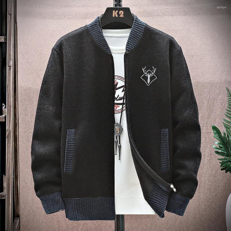 

Men's Sweaters Men Sweater Coat Knitted Zipper Stand Collar Cardigan Pockets Keep Warm Elastic Long Sleeves Spring Outerwear, Black