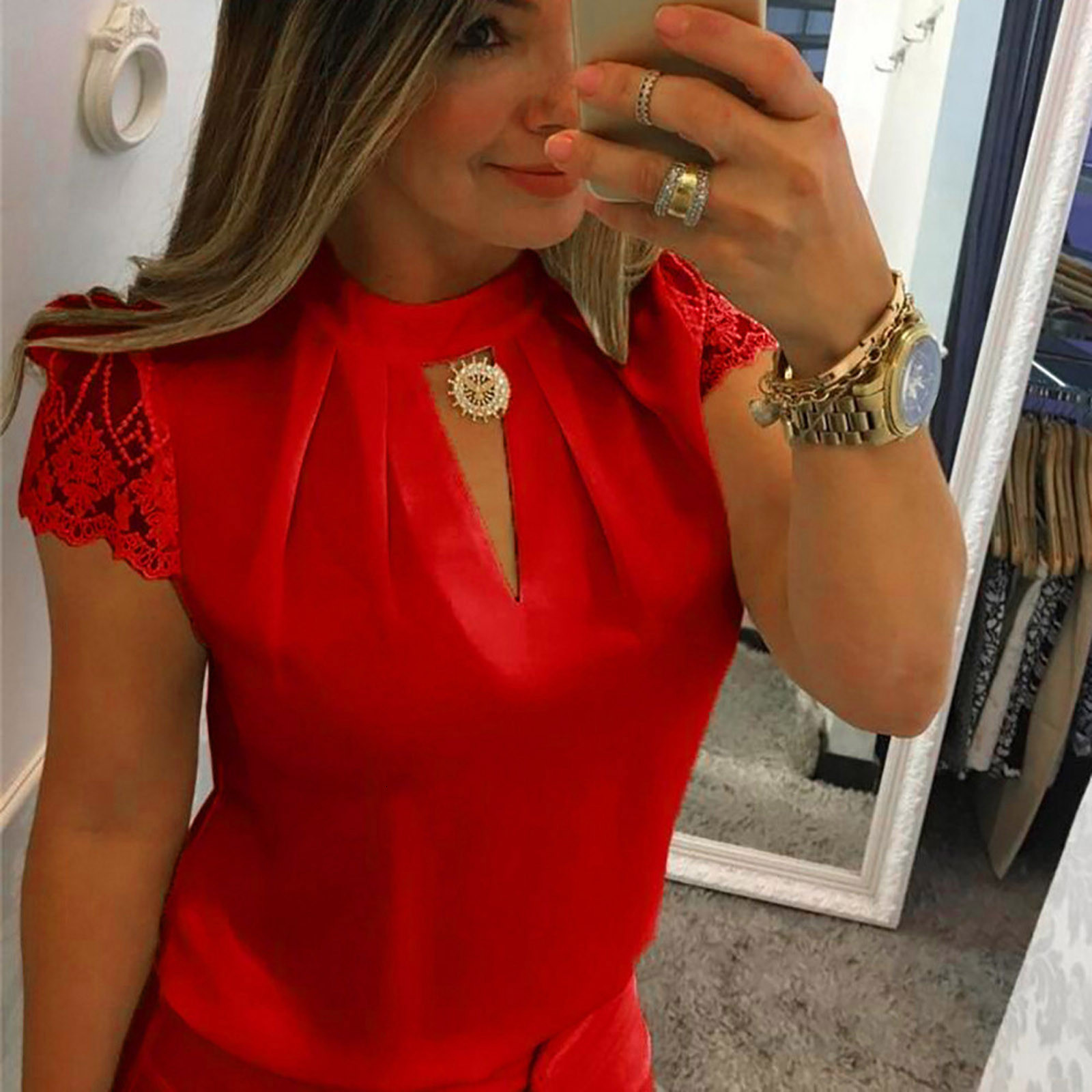 

Women' Blouses Shirts Women V-neck Lace Casual Solid Loose Short Sleeve Tank Fashion Elegant Temperament Tops Blouse Fast 230217, Black