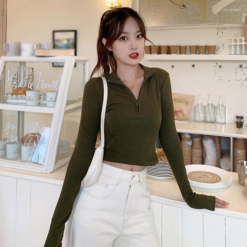 

Women's T Shirts Women Solid Basic Cropped Pullover Winter Spring Fashion Slim Sexy Knitted Top Elegant Zipper Front T-Shirts VFDGWE1