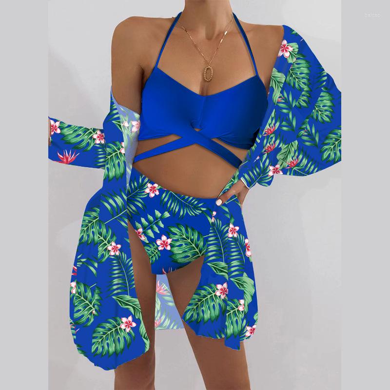 

Women' Swimwear Three Pieces Bikinis Cover Up Women 2023 Halter Print Swimsuit Feminino Brazilian With Kimono Beach Bathing Suit