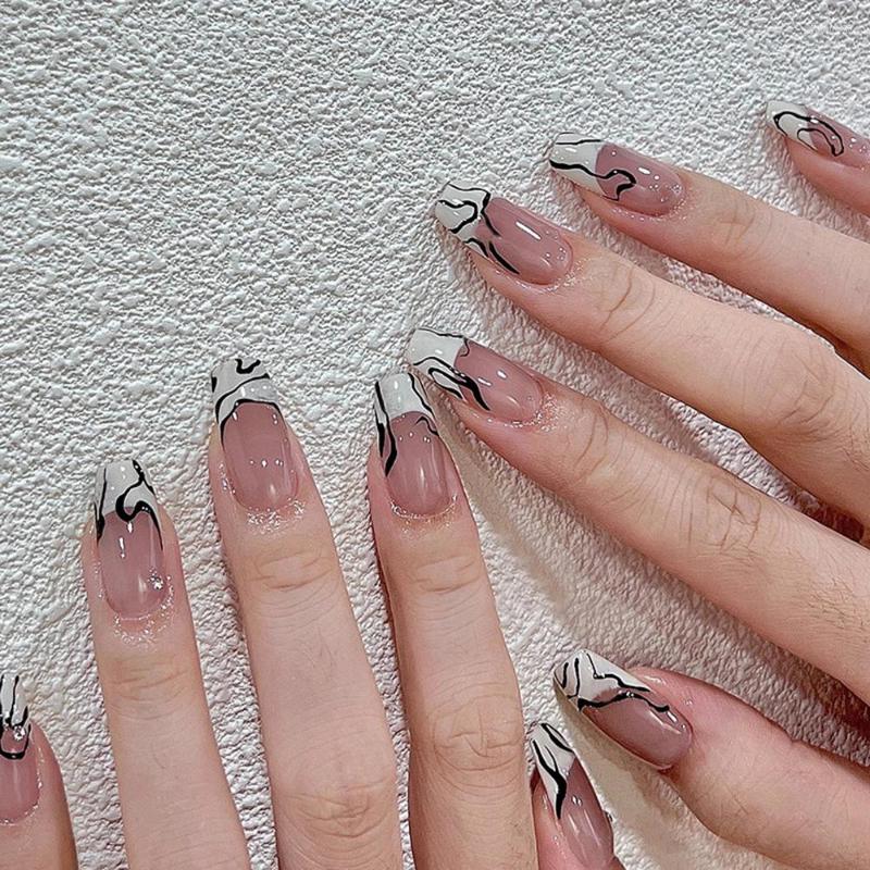 

False Nails Nail Art Decorations 24pcs Glossy Press On Reusable Black White Line French Style For Lady Beauty Makeup WD, Jelly glue model