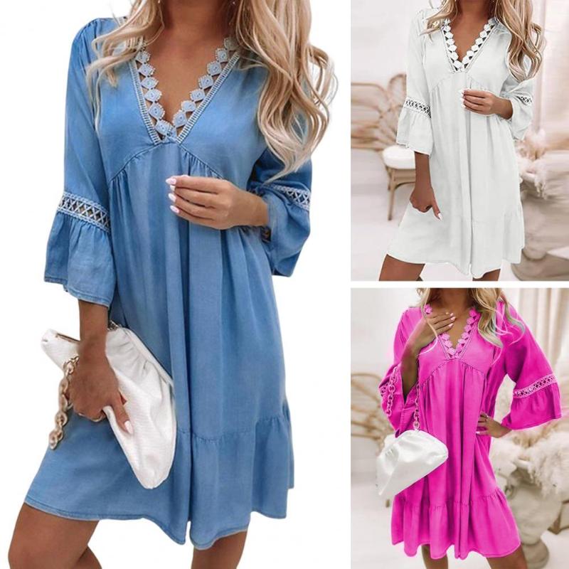 

Casual Dresses Women Dress Solid Color Beach Pure Bohemia Lady, White