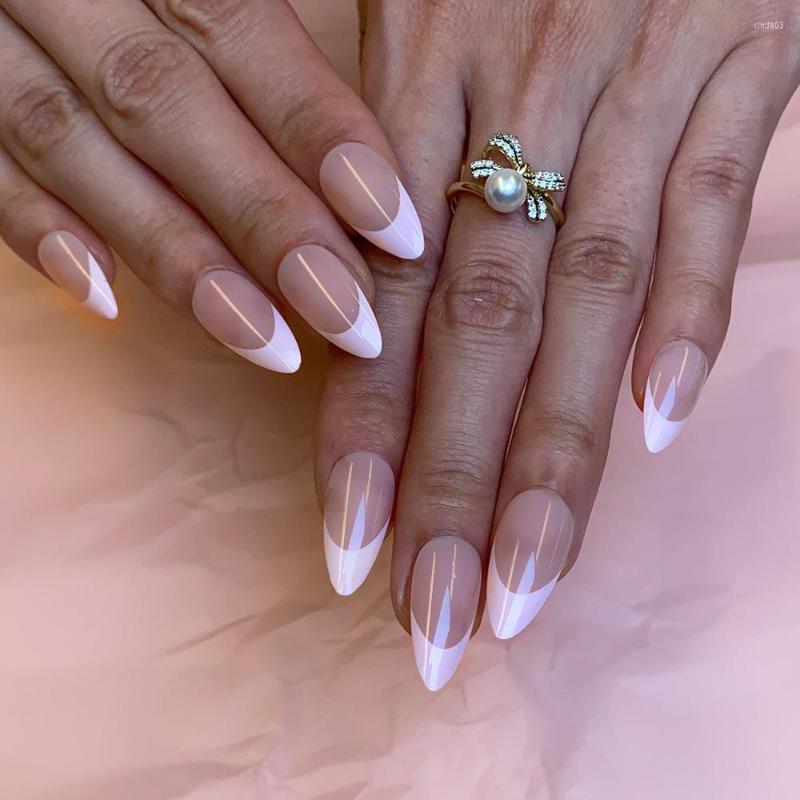 

False Nails 24pcs French Pink Almond Nail Tips Oval Head Press On Patch Girl Women Manicure Set Full Cover Wearable Fake, J1