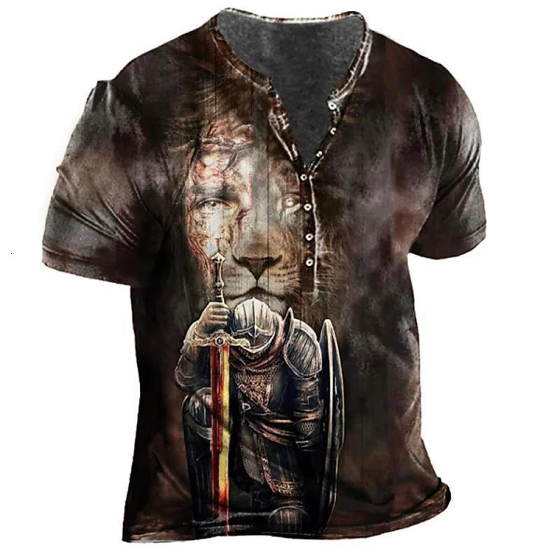 

Men's T-Shirts Vintage Button V Neck Print Short Sleeve Lion Knight Punk - Men Oversized ops Male Streetwear 230217, 7kouknights-05