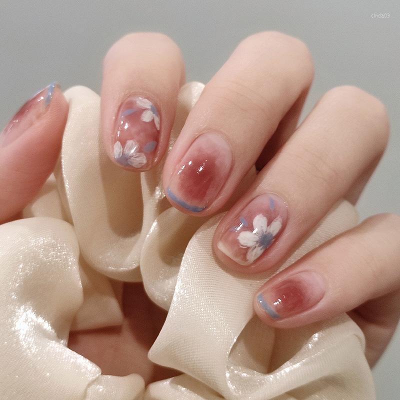 

False Nails 24Pcs Camellia Blush Designs Full Cover Fake With Glue Detachable Wearable DIY Manicure Art Spring Korean Style, Ms99