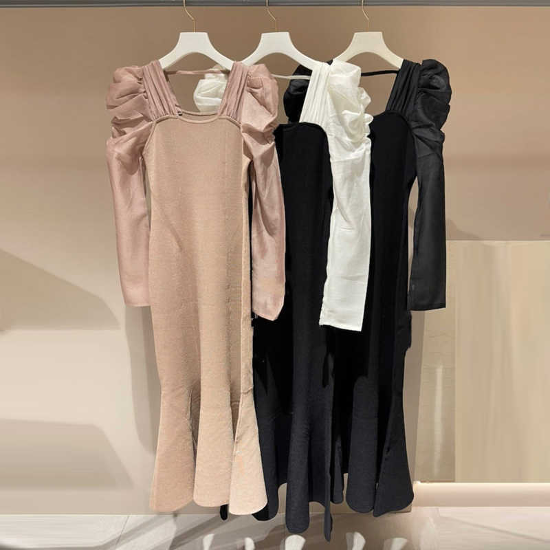 

Casual Dresses Kuzuwata JAPAN Patchwork Contrast Color Sweater Robe Femme Puff Sleeve Knit Mermaid Dress Autumn Winter New Vestidos De Mujer Z0216, Black white