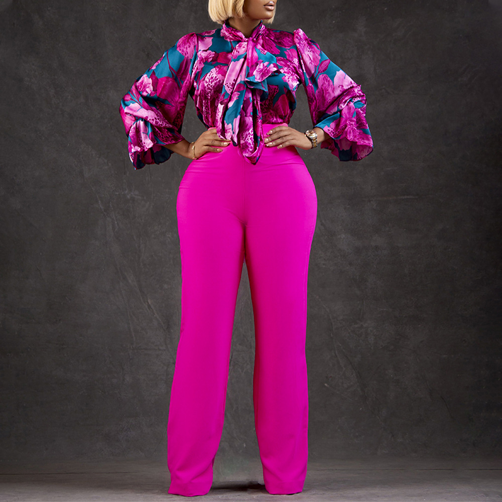 

Evening Dresses Loose Large Casual Printing Long-Sleeved Shirt with Long Tie Bow Wide Leg Pants Two-piece Set, Pink