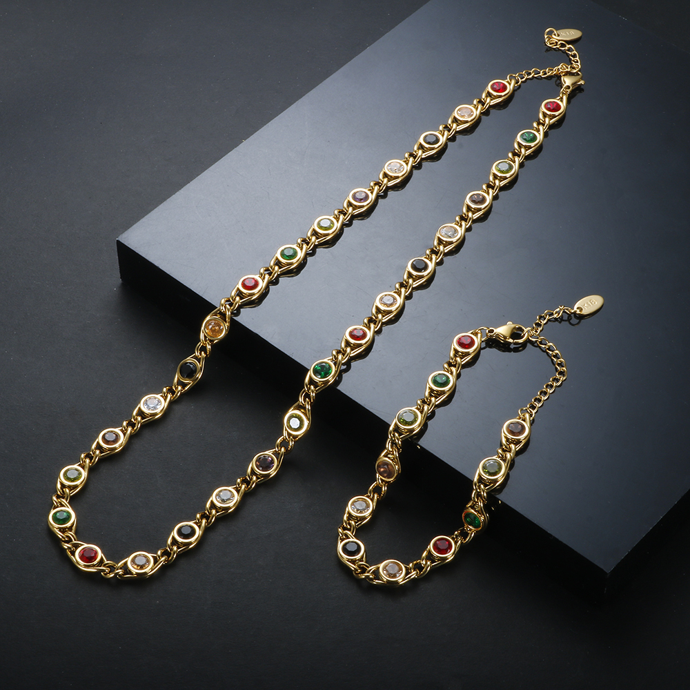 

Wedding Jewelry Sets Trend Colorful Cubic Zirconia Panel Bracelet Necklace For Women Gold Color Stainless Steel Crystal Fisheye Set 230216