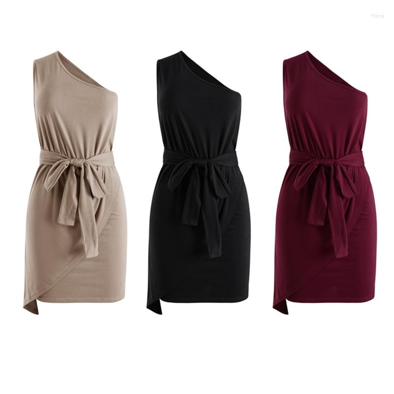 

Casual Dresses Womens Sleeveless One Shoulder Elegant Party Short Dress Solid Color Asymmetrical Bodycon Cocktail Prom Sundress, Black