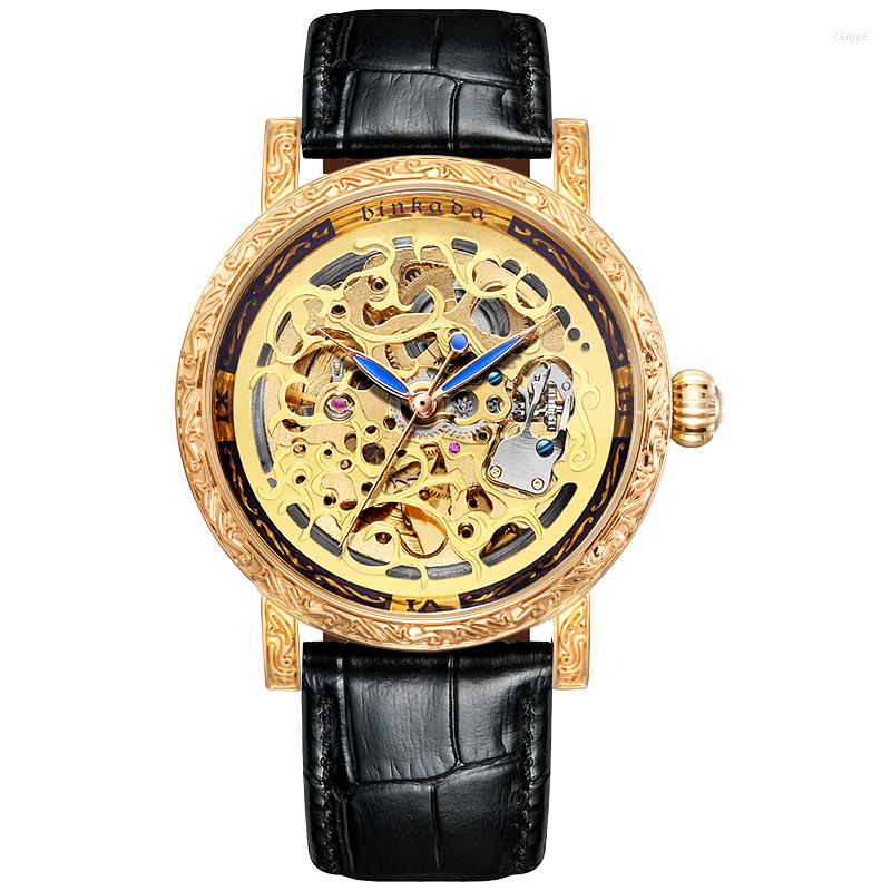 

Wristwatches BINKADA Montre Homme Business Casual Automatic Watches Mens Mechanical Hollow Carved Waterproof Watch For Man