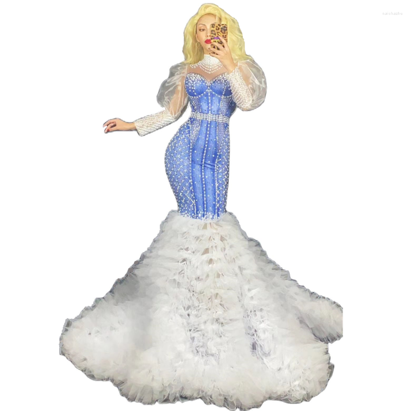

Stage Wear Denim Trumpet Dress Pearl Princess Long Women Birthday Prom Party Outfit Cosplay Costume Singer Host Show Rhinestone, As photo