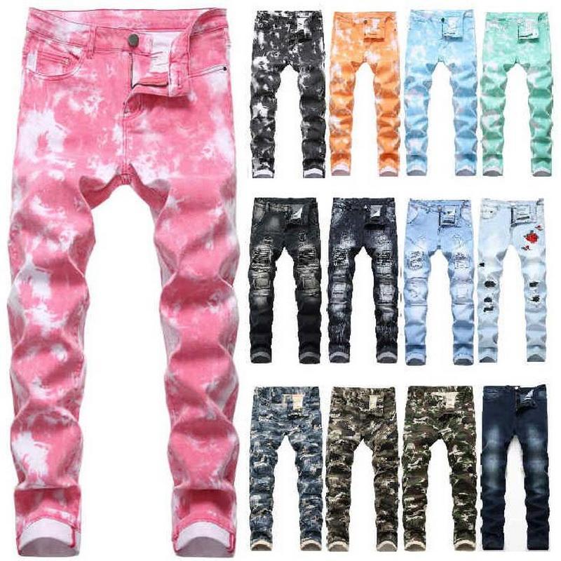 

Men's Jeans Men Hip Hop Patch Retro Hole Zipped Biker Camouflage Printing Ripped Denim Pants, At022
