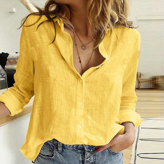 

Women's T Shirts 2023 Casual Solid Color Button Lapel Spring Summer Long Sleeves Loose