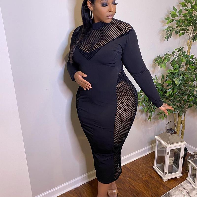 

Casual Dresses Plus Size Women Clothing Long Sleeve Black Dress Club Wear Mesh Hollow Out Sexy Bodycon Wholesale Drop