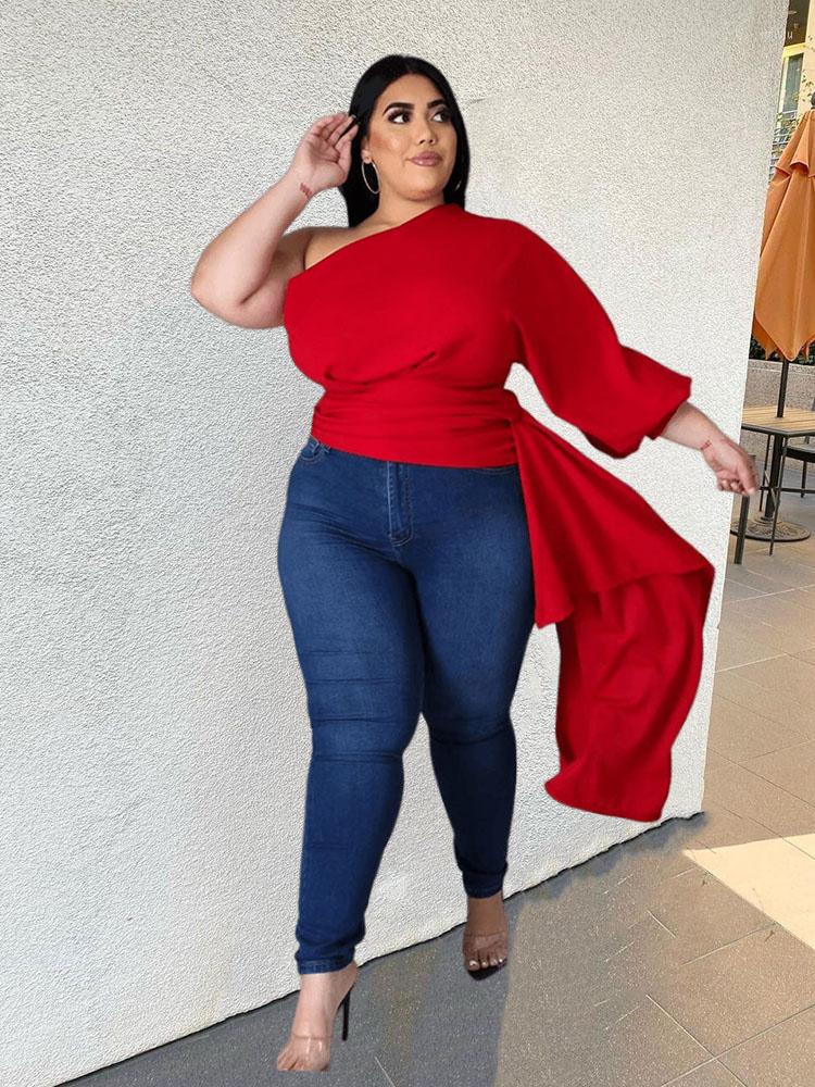 

Shirt Plus Size Women Clothing Long Tops Slash Neck Puff Sleeve One Shoulder Top Sexy Elegant Party Blouse Wholesale Bulk Drop, Blue