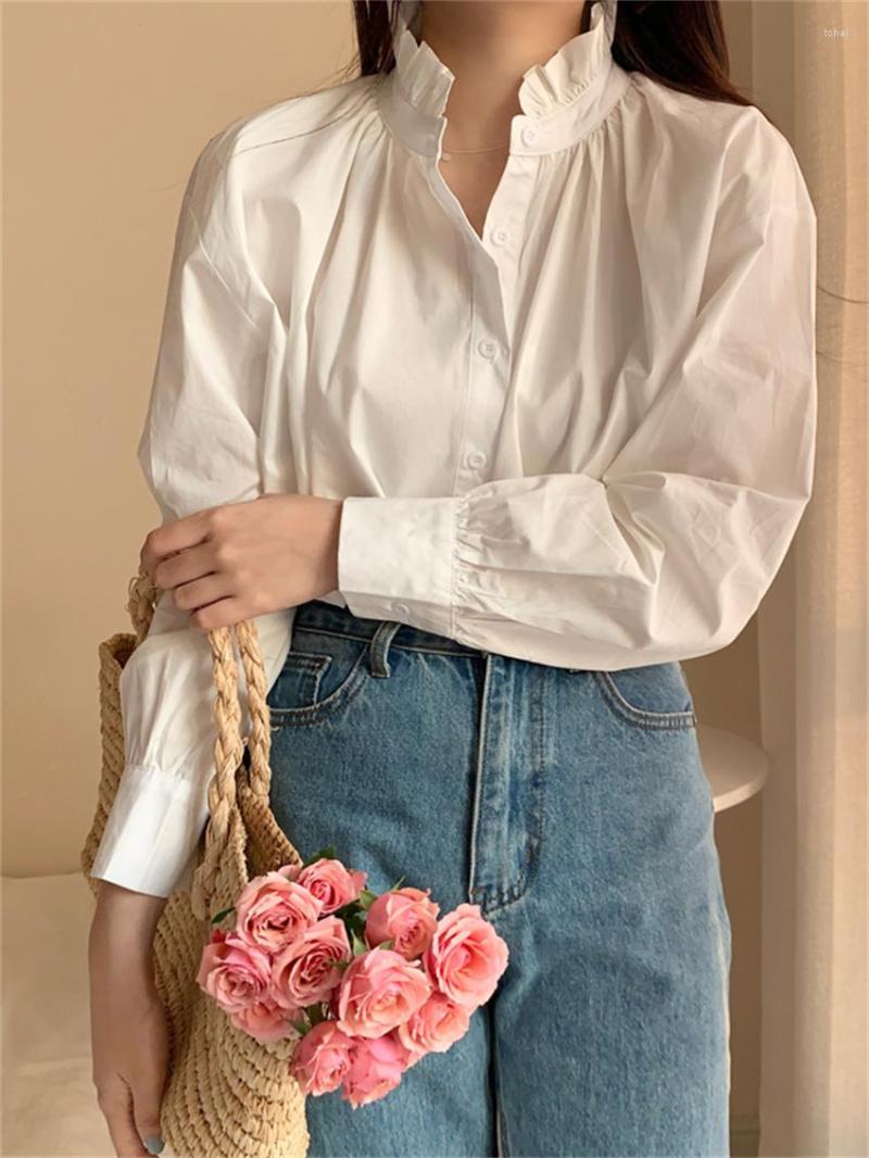

Women's Blouses HziriP White Stand Full Sleeves Shirts Women Solid Loose Elegant 2023 Office Lady Casual Work Wear OL Tops