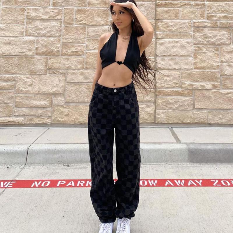 

Women' Pants Spring Autumn Y2k Wide Leg Womens Fall Chic High Waist All-match Teens Streetwear Femme Trendy Harajuku Plaid Trouser, Black